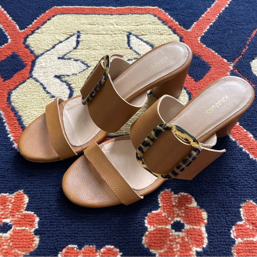 KAANAS Paros Tortoise Buckle Sandal Heels, Mules, Size 9, Tan/Brown